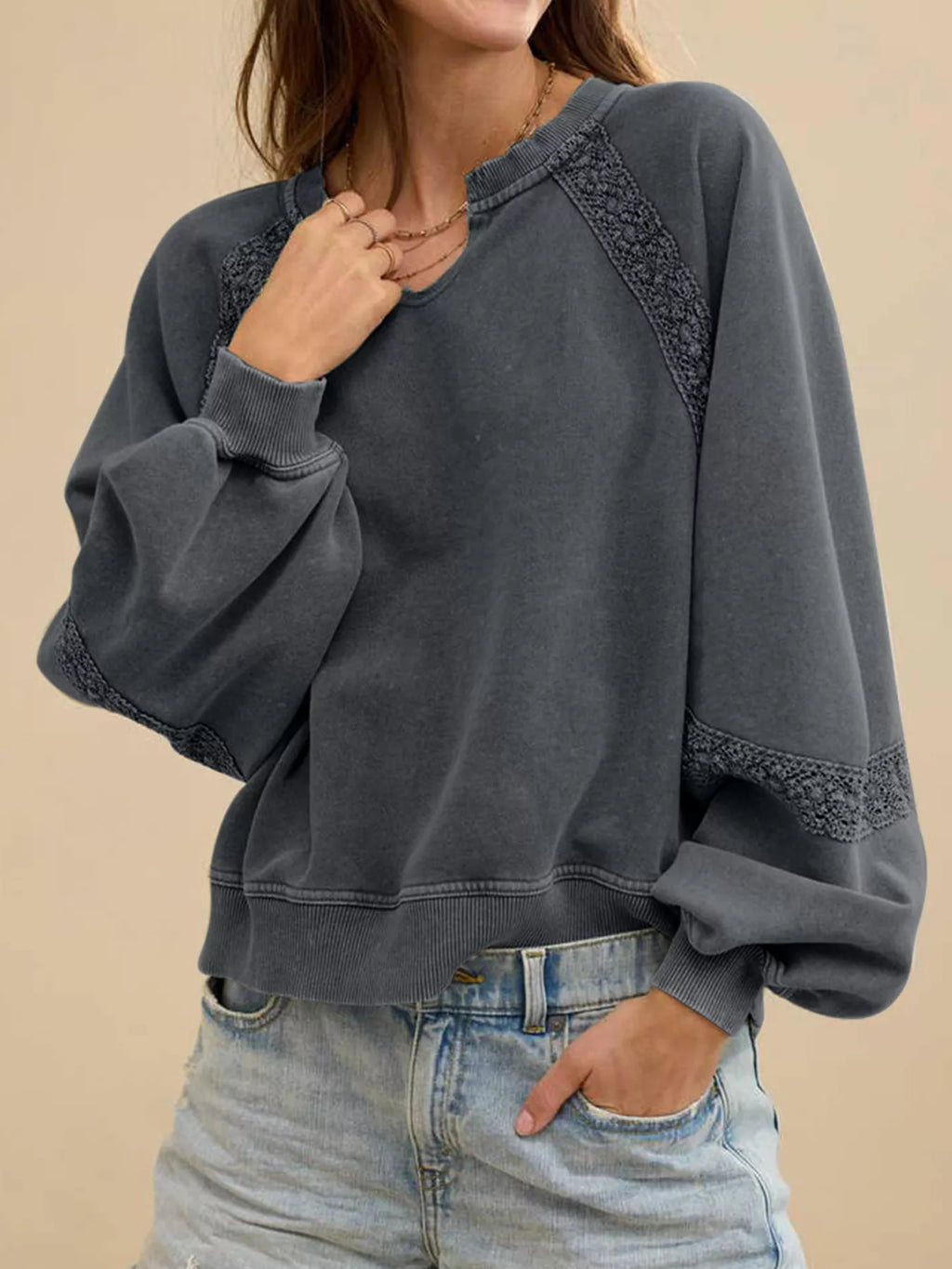 Mineral-Wash Sweatshirt with Lace Patchwork & Notched Neck Dark Gray