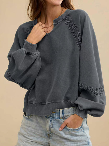 Mineral-Wash Sweatshirt with Lace Patchwork & Notched Neck Dark Gray
