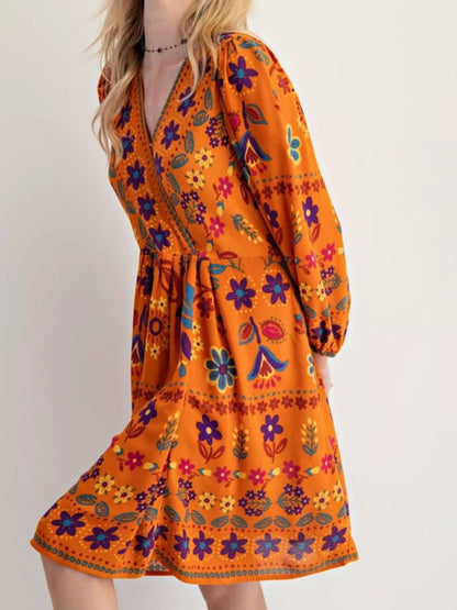 Bohemian Floral Print Ruched Long Sleeve Pocketed Mini Dress