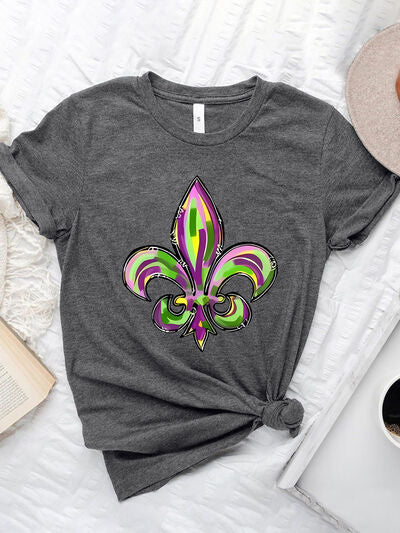 Mardi Gras Graphic Round Neck Short Sleeve T-Shirt Dark Gray