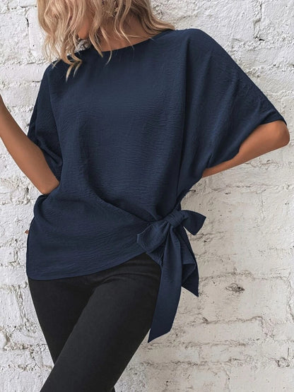 Knotted Round Neck Blouse with Half Sleeves and Button Detail Dark Blue