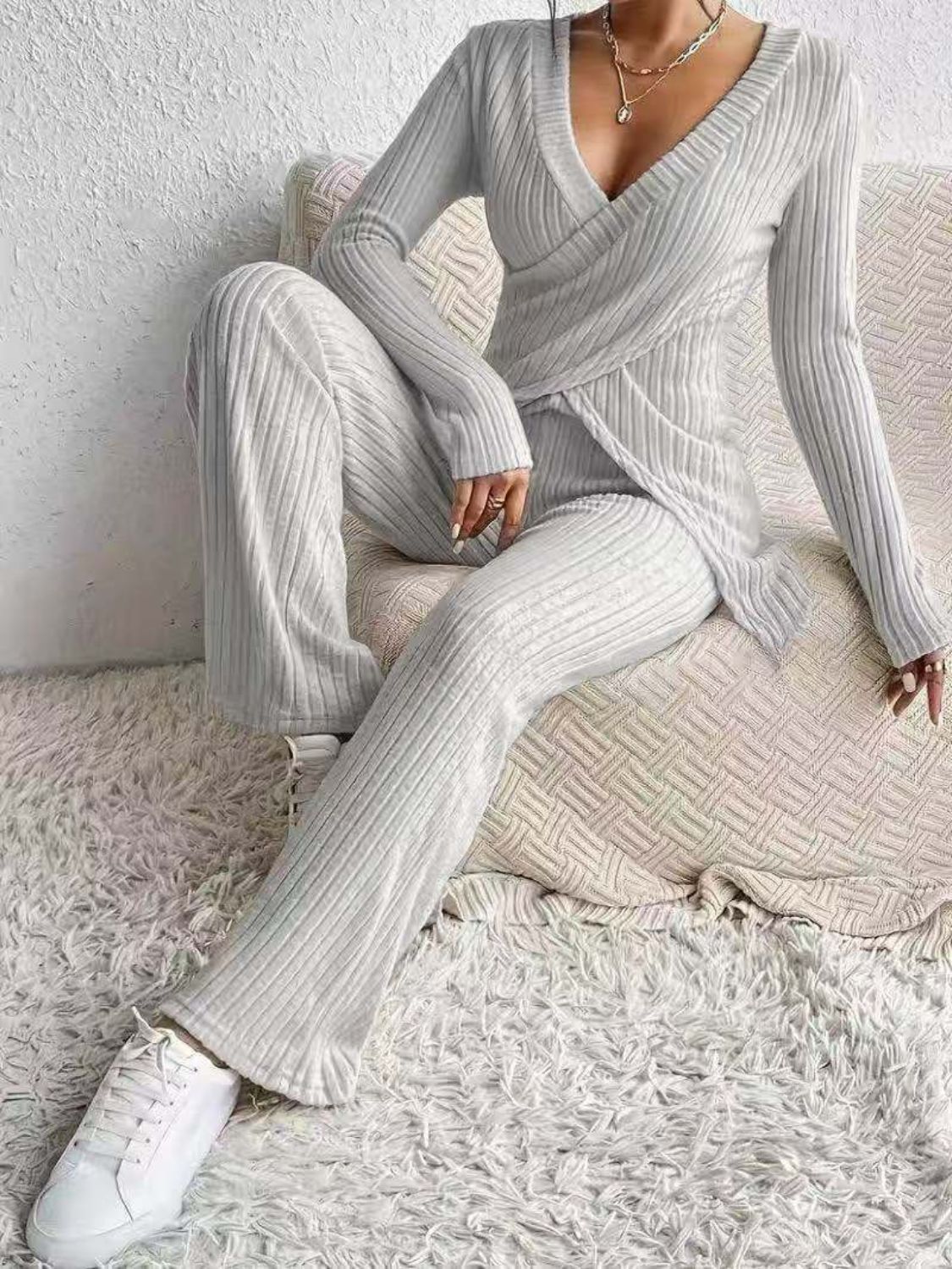 Surplice Long Sleeve Top & Pants Set - Chic Two-Piece Outfit Light Gray