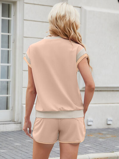 Contrast Round Neck Top and Shorts Set - Stylish & Comfortable
