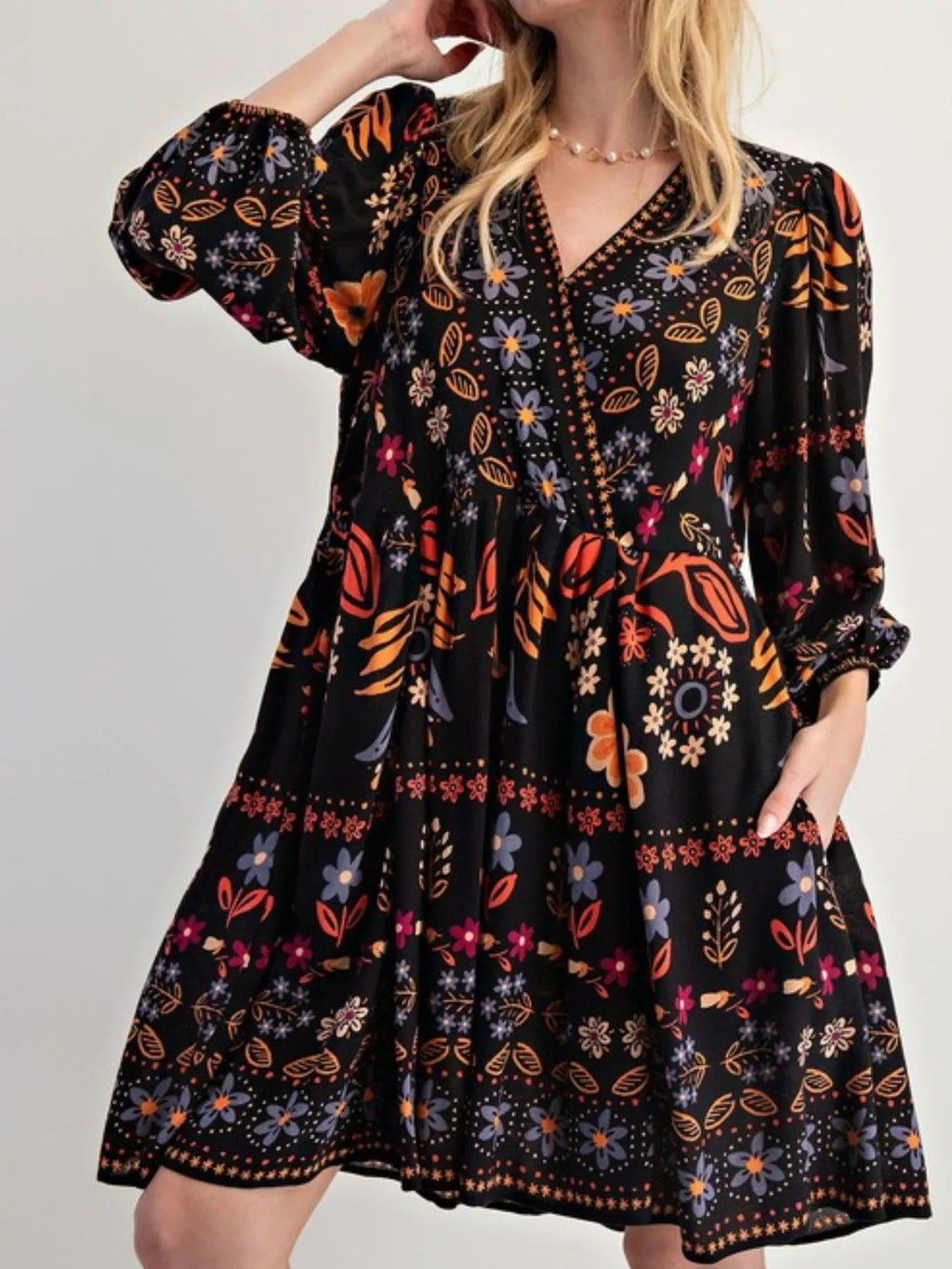 Bohemian Floral Print Ruched Long Sleeve Pocketed Mini Dress