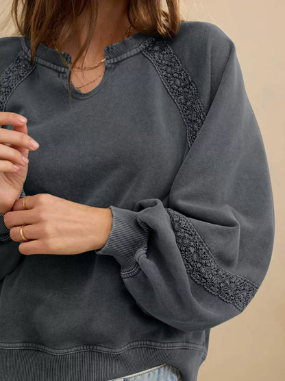Mineral-Wash Sweatshirt with Lace Patchwork & Notched Neck