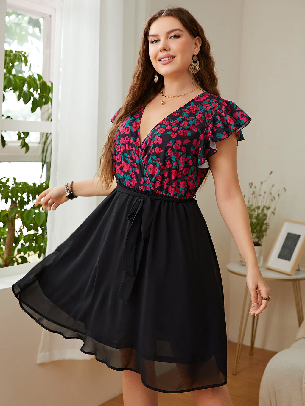Honey Curve Surplice Floral Belted Dress with Flutter Sleeves