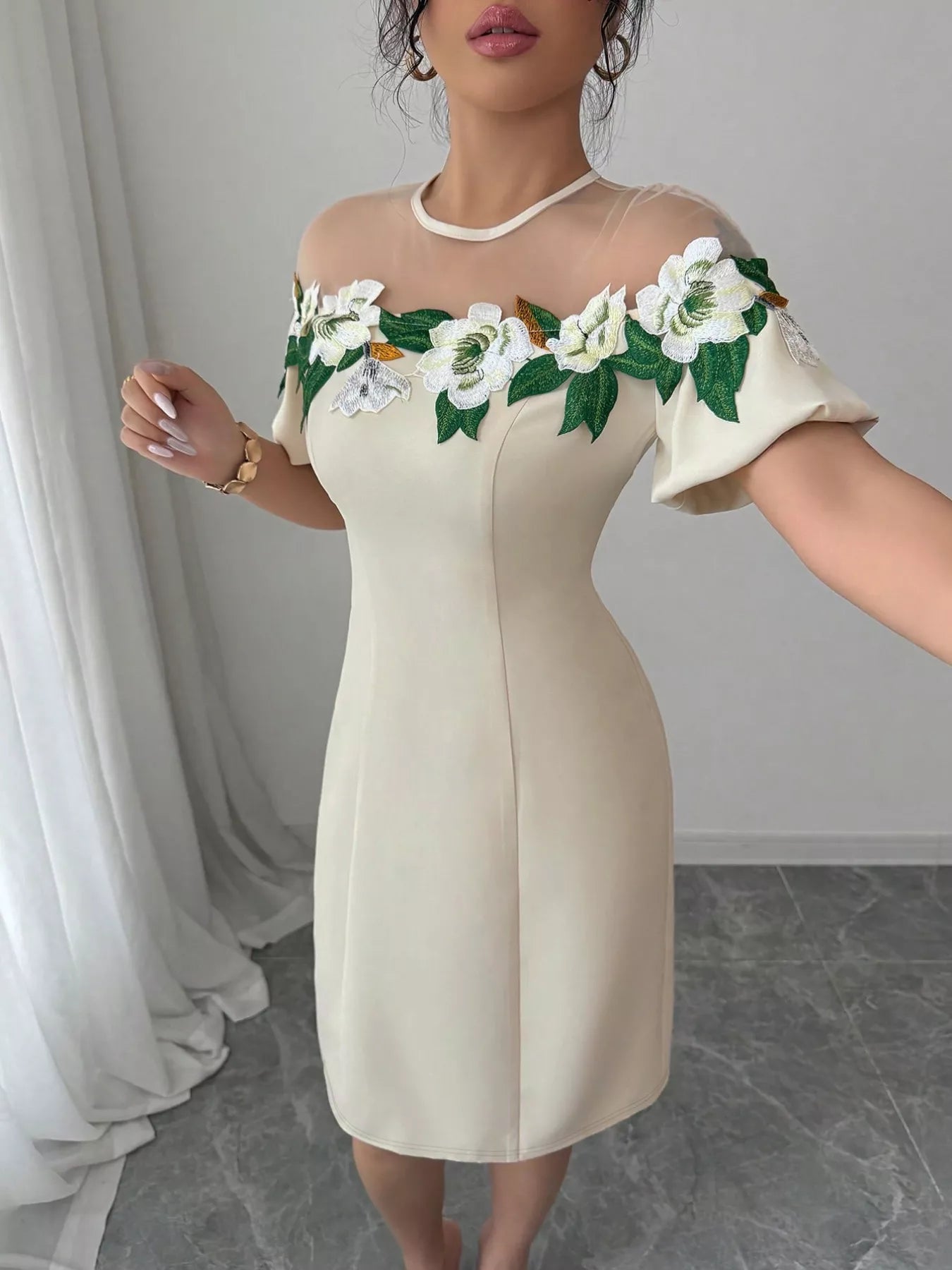 Floral Embroidered Puff Sleeve Dress with Mesh Shoulder