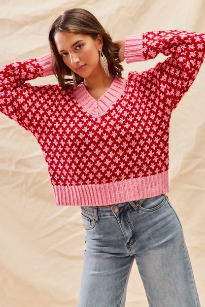 SO ME Color Block Textured V-Neck Christmas Sweater Top