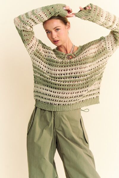 Davi & Dani Contrast Striped Crochet Drop Shoulder Knit Cover Up Matcha Green