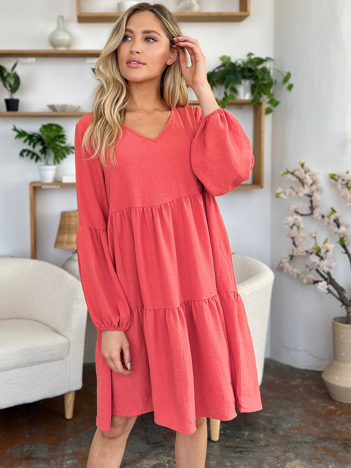 Full Size V-Neck Tiered Balloon Sleeve Dress with Pockets