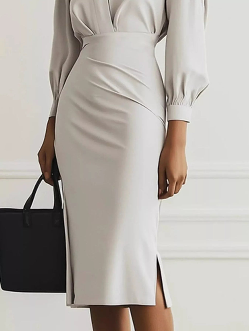 Elegant Ruched Midi Shirt Dress with Chic Side Slit