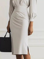 Elegant Ruched Midi Shirt Dress with Chic Side Slit