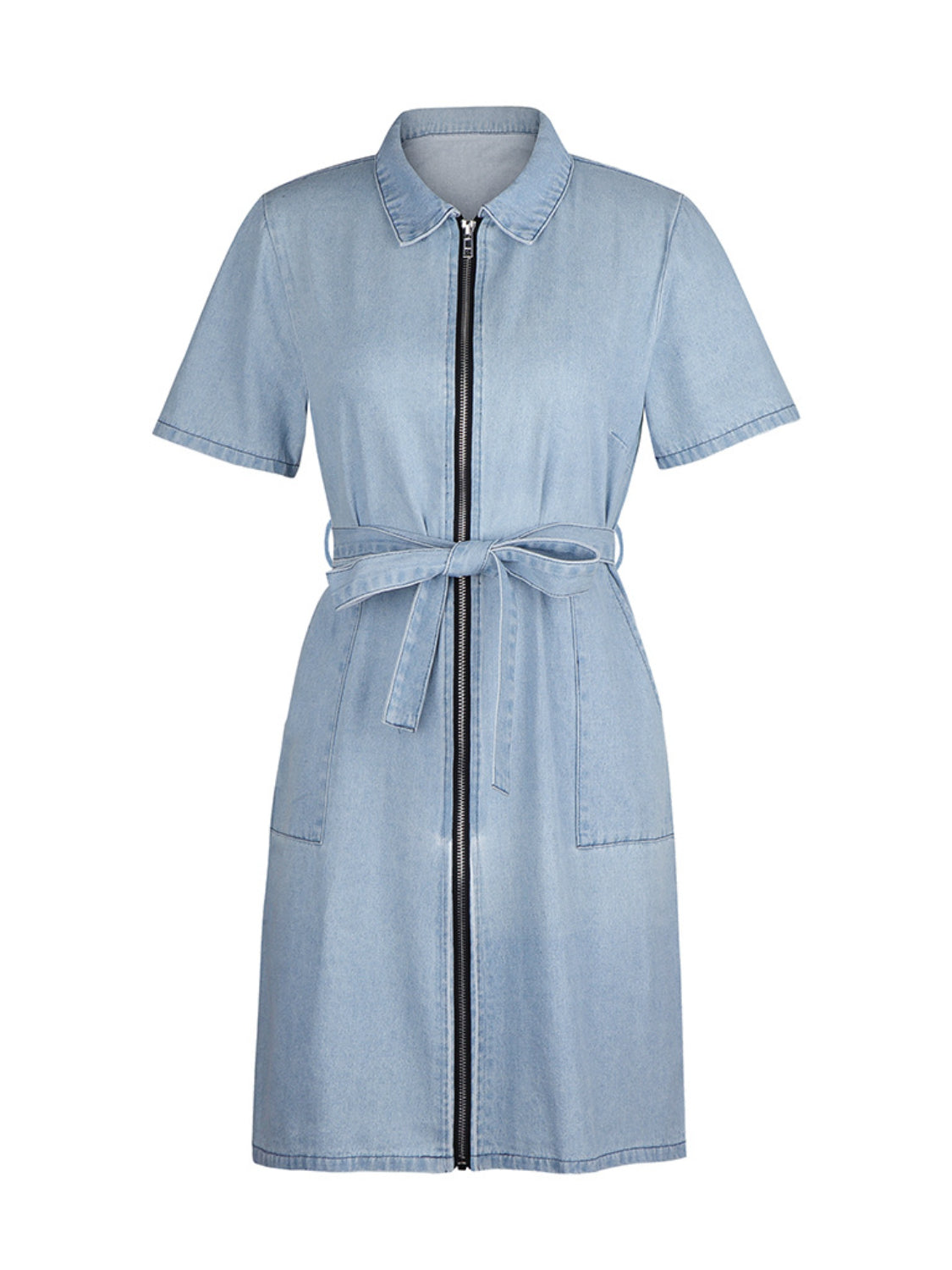 Zip Front Short Sleeve Denim Dress - Stylish & Functional