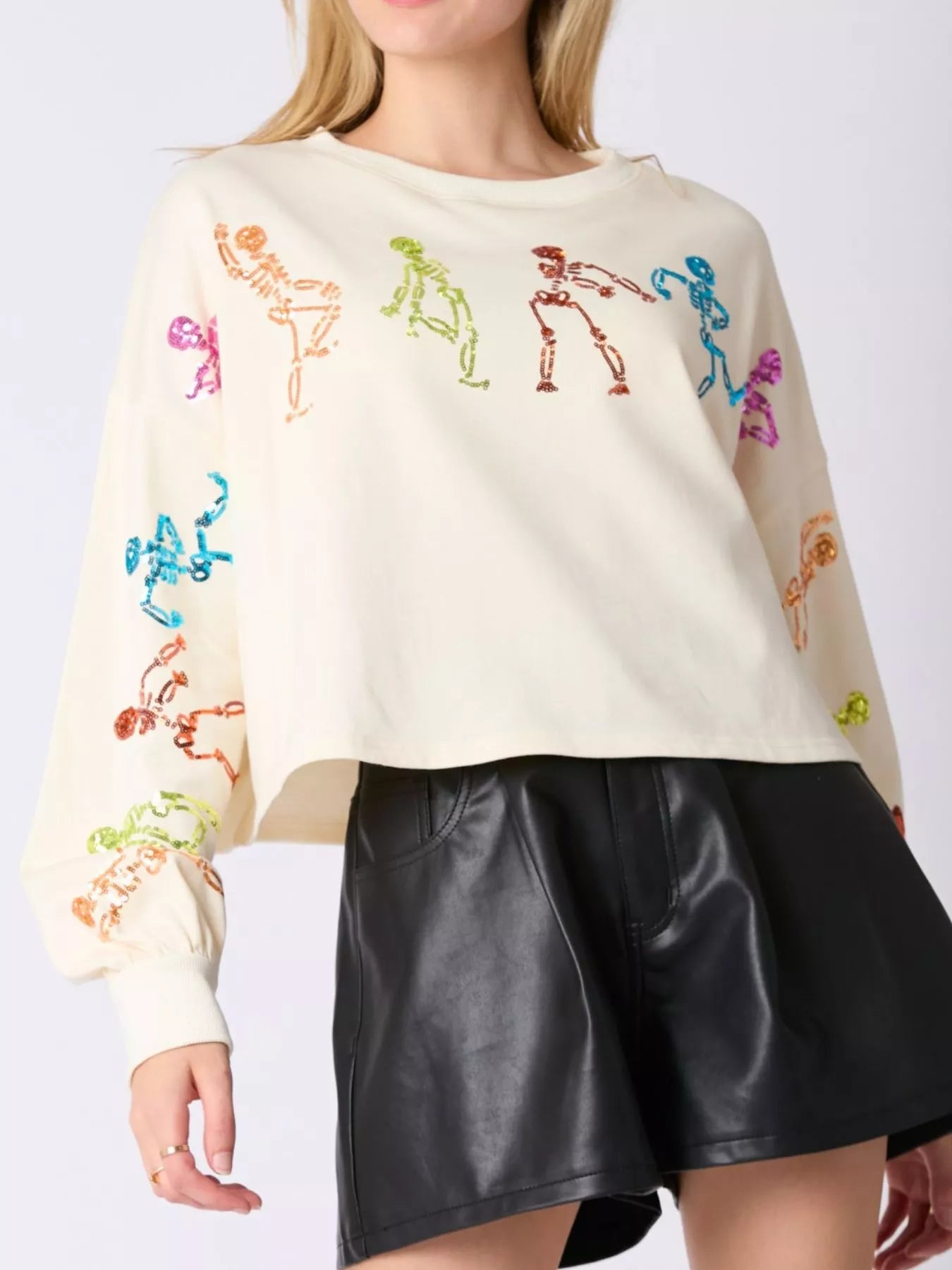 Sparkling Halloween Skeleton Sequin Sweatshirt Ivory