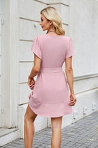 Tied Button-Up Short Sleeve Mini Shirt Dress