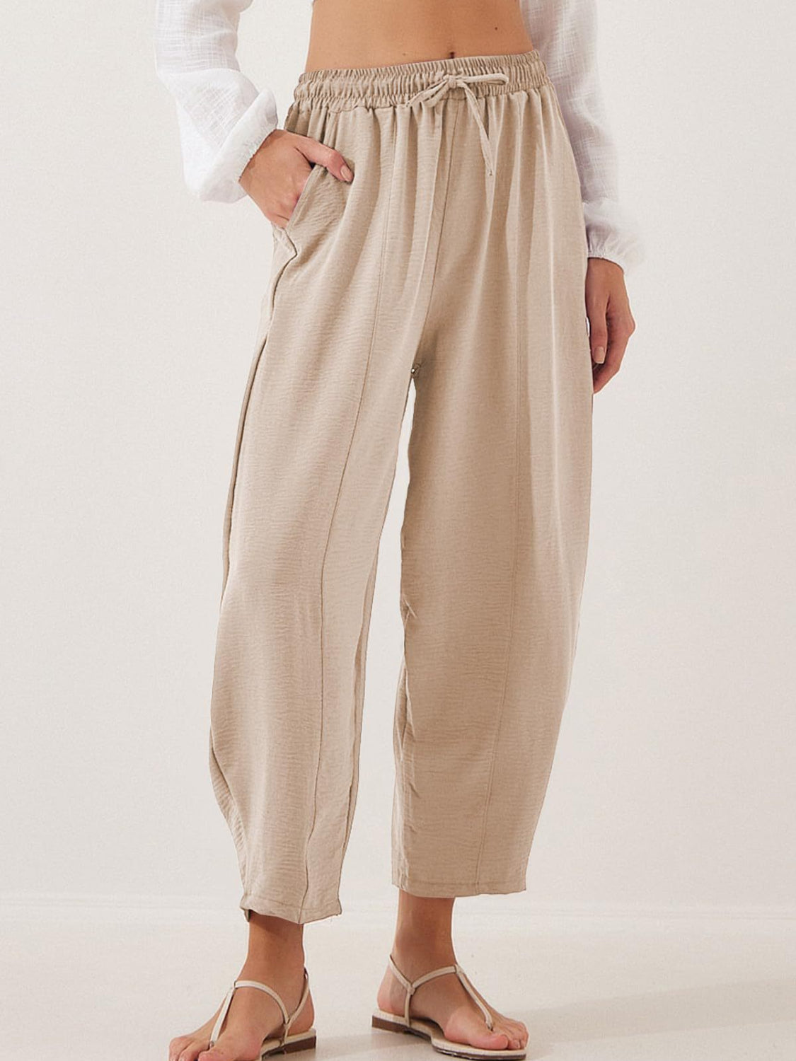 Cropped Joggers with Pockets - Full Size Fit Tan