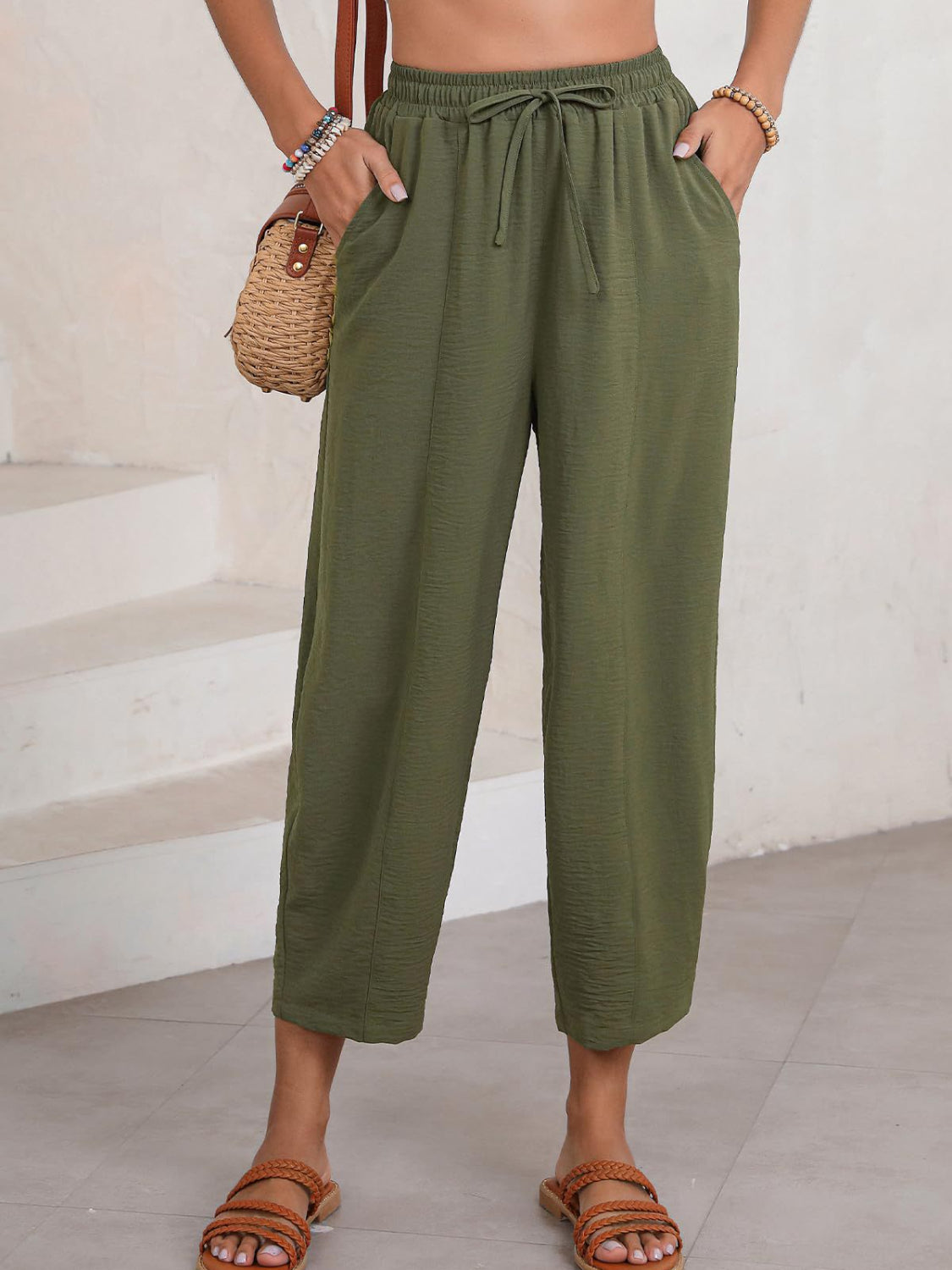 Full Size Drawstring Cropped Jogger Pants - Stylish & Comfy Army Green