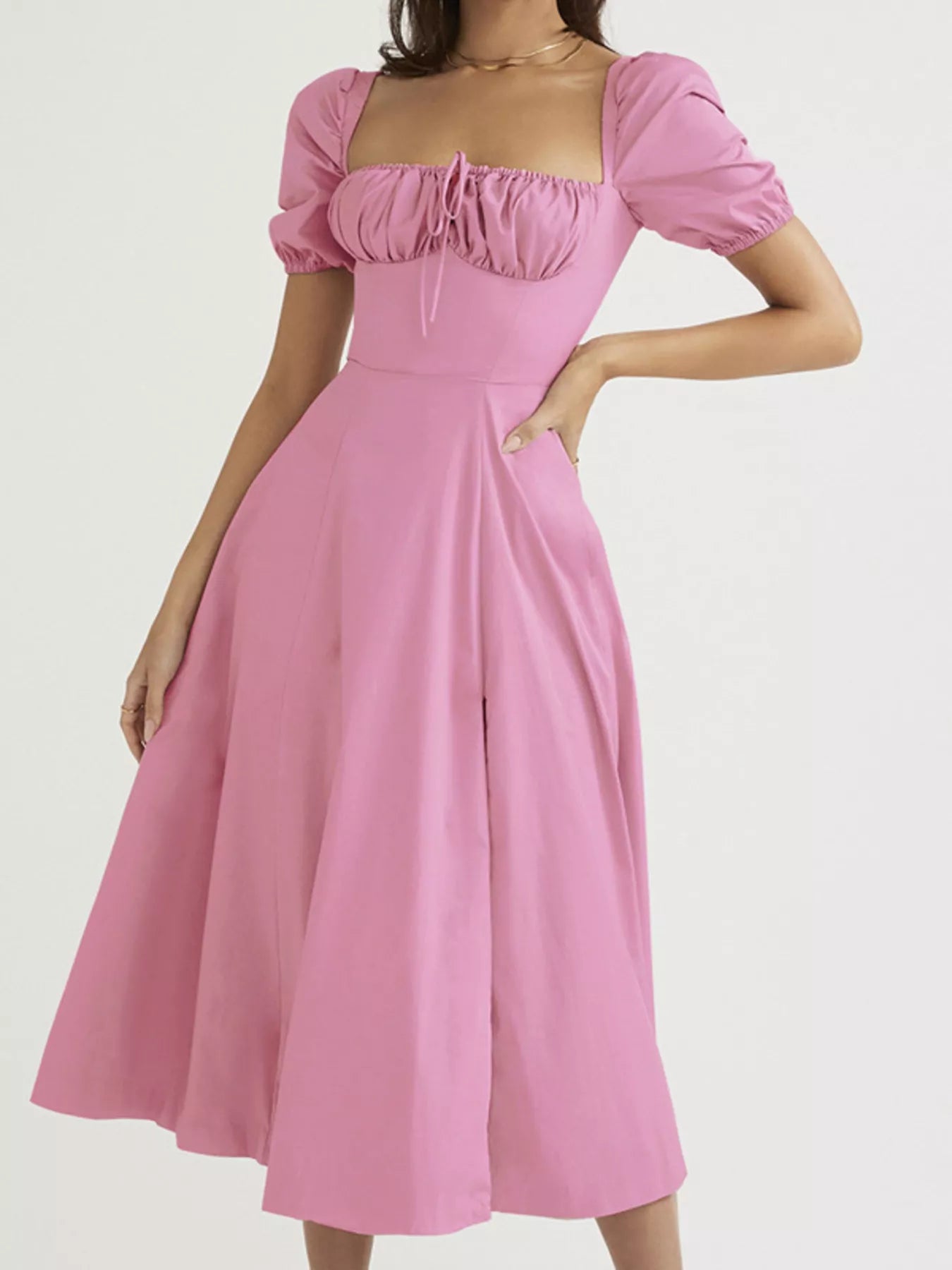 Full-Size Ruched Tie-Waist Slit Midi Dress