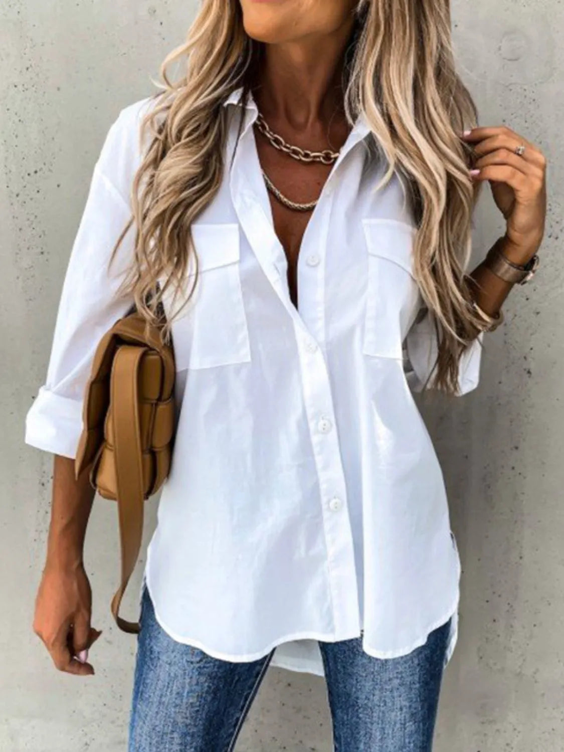 Roll-Tab Sleeve Button-Up Shirt - Lightweight & Chic