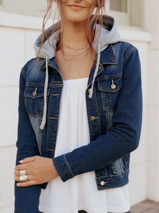 Plus Size Hooded Drawstring Denim Jacket with Button-Up Front Dark Blue