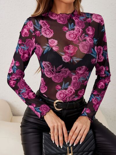 Sheer Floral Mock Neck Long Sleeve Top