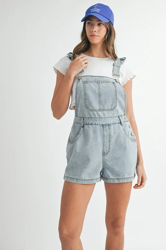 MABLE Ruffle Denim Overall Romper - Square Neck Style