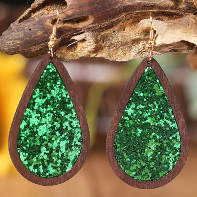 Sequin Wood Teardrop Earrings Green One Size