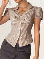 Striped Short Sleeve Button-Up Shirt with Collared Neck