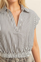 Striped Elastic Hem Johnny Collar Cap Sleeve Blouse