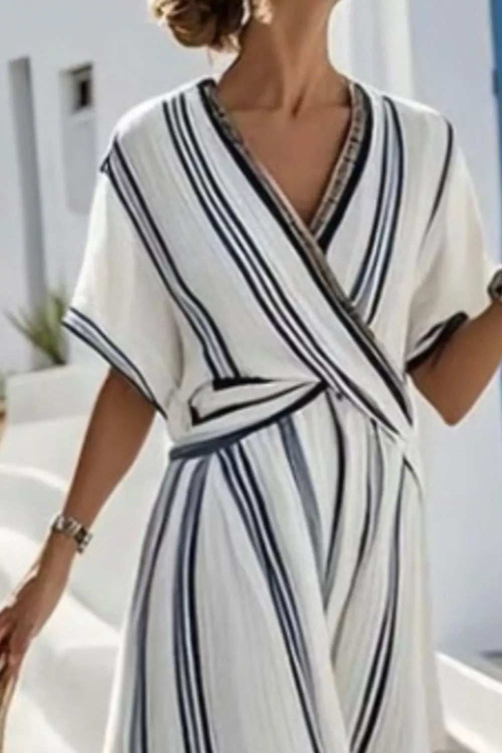 Striped Wrap Half-Sleeve Maxi Dress