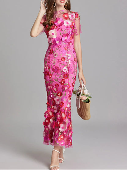 Embroidered Mesh Overlay Maxi Dress – Lined Evening Wear with Zipper Closure