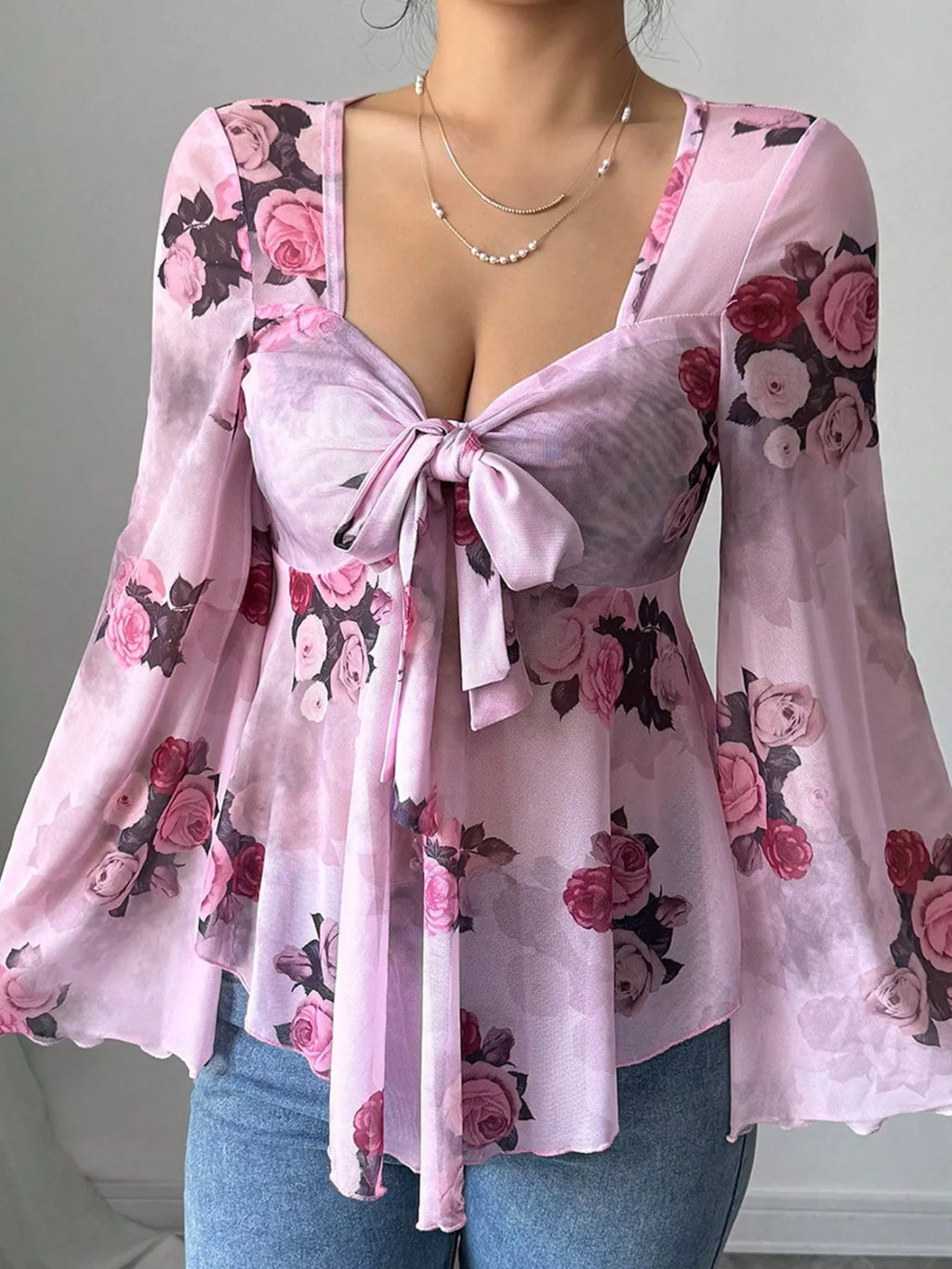 Floral Tie-Front Flare Sleeve Blouse