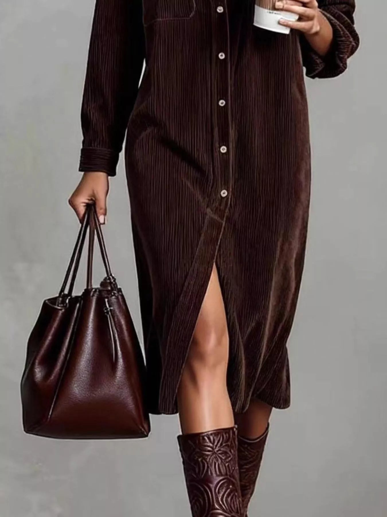 Corduroy Button-Front Pocketed Midi Dress