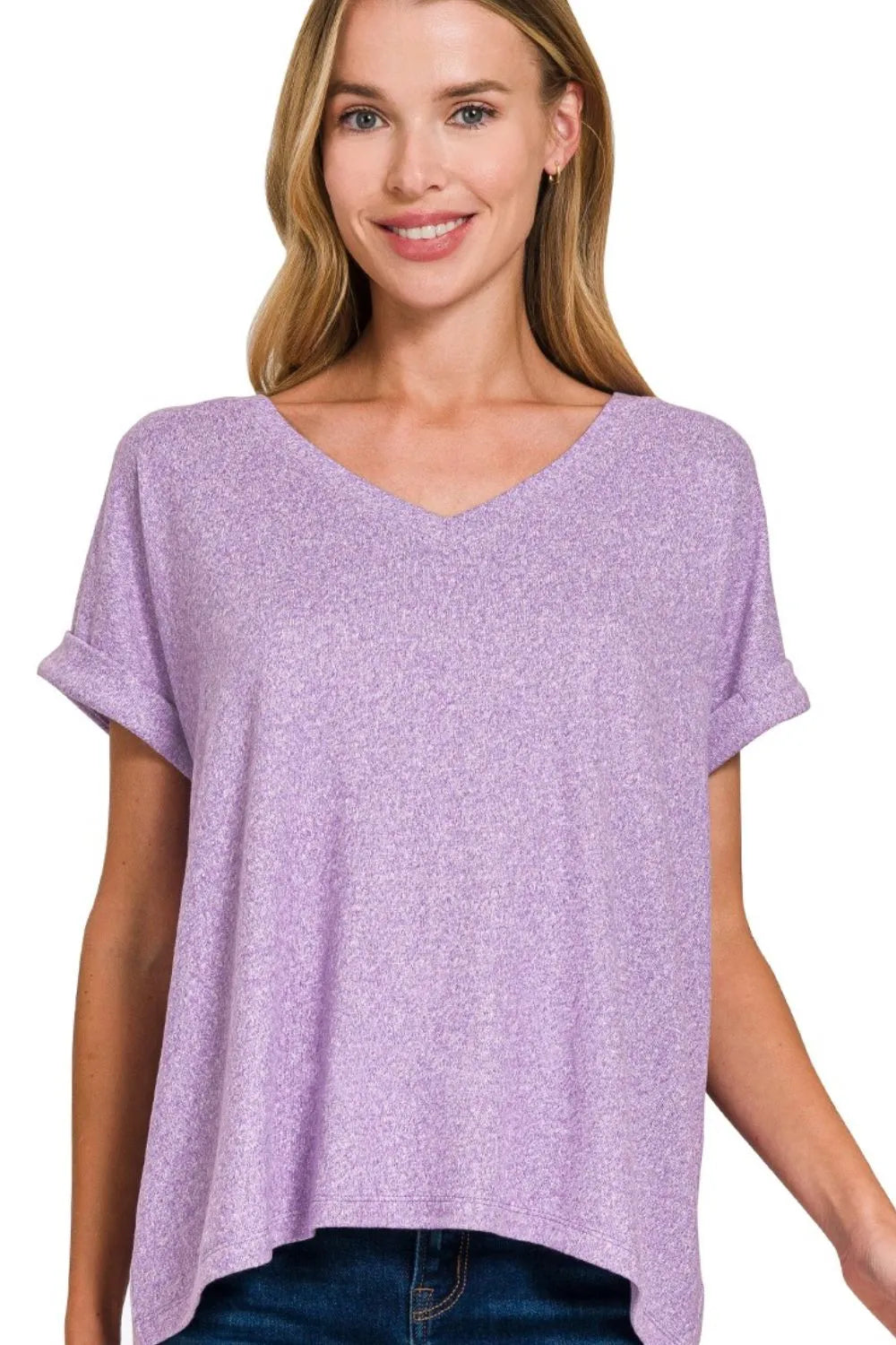 Zenana Soft Touch V-Neck Hacci Knit Tee Lavender