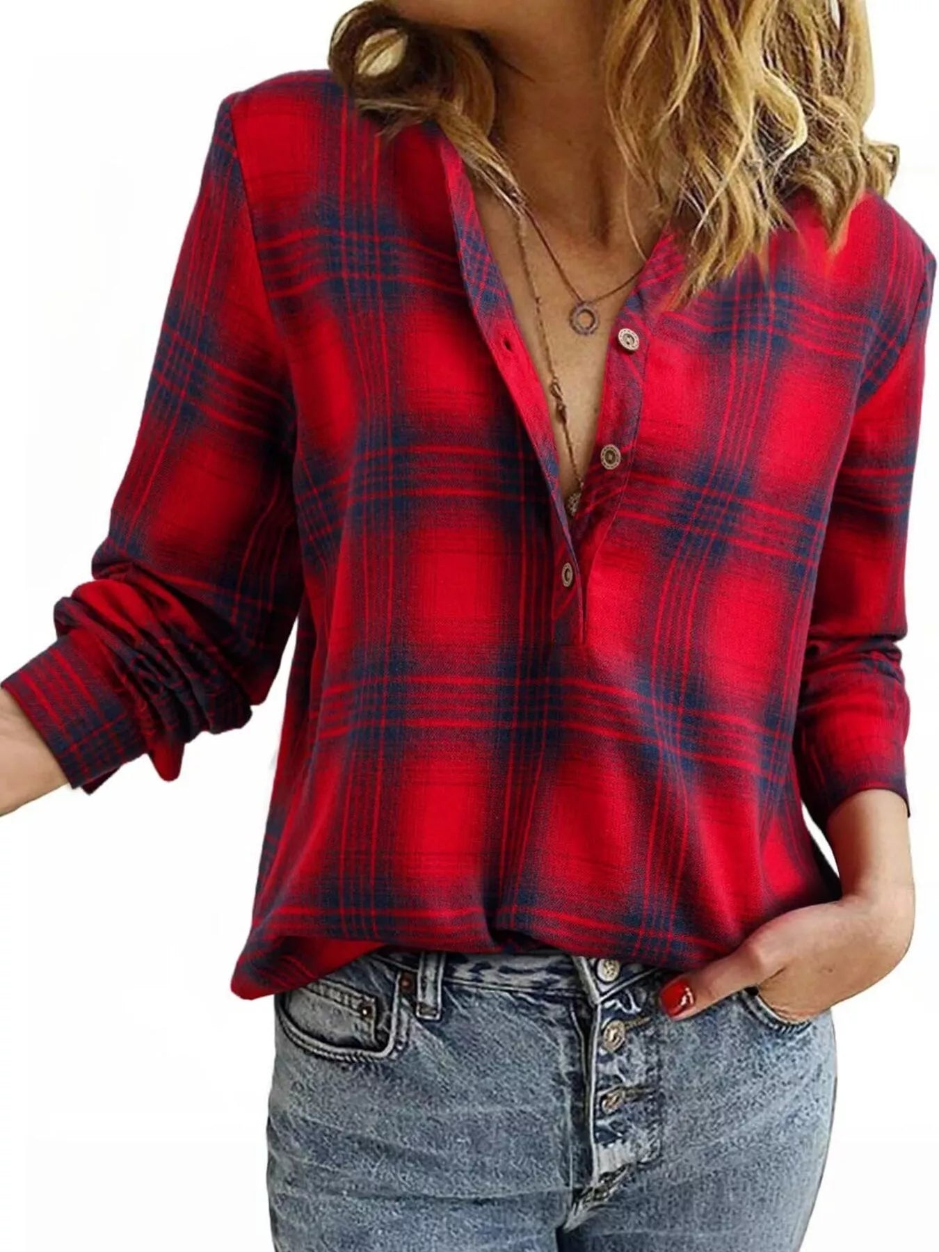 Classic Plaid Half Button Long Sleeve Blouse