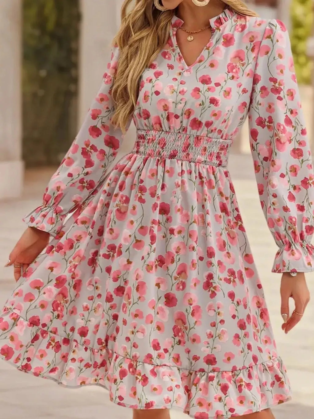 Floral Smocked Ruffled Flounce Sleeve Midi Dress
