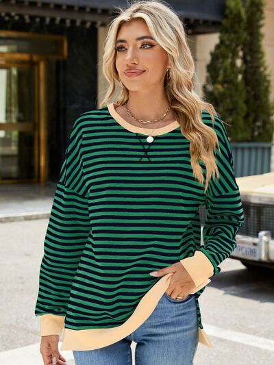 Chic Striped Slit Detail Long Sleeve Sweatshirt