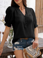 Devine Frill Notched Short Sleeve Blouse - Elegant & Chic