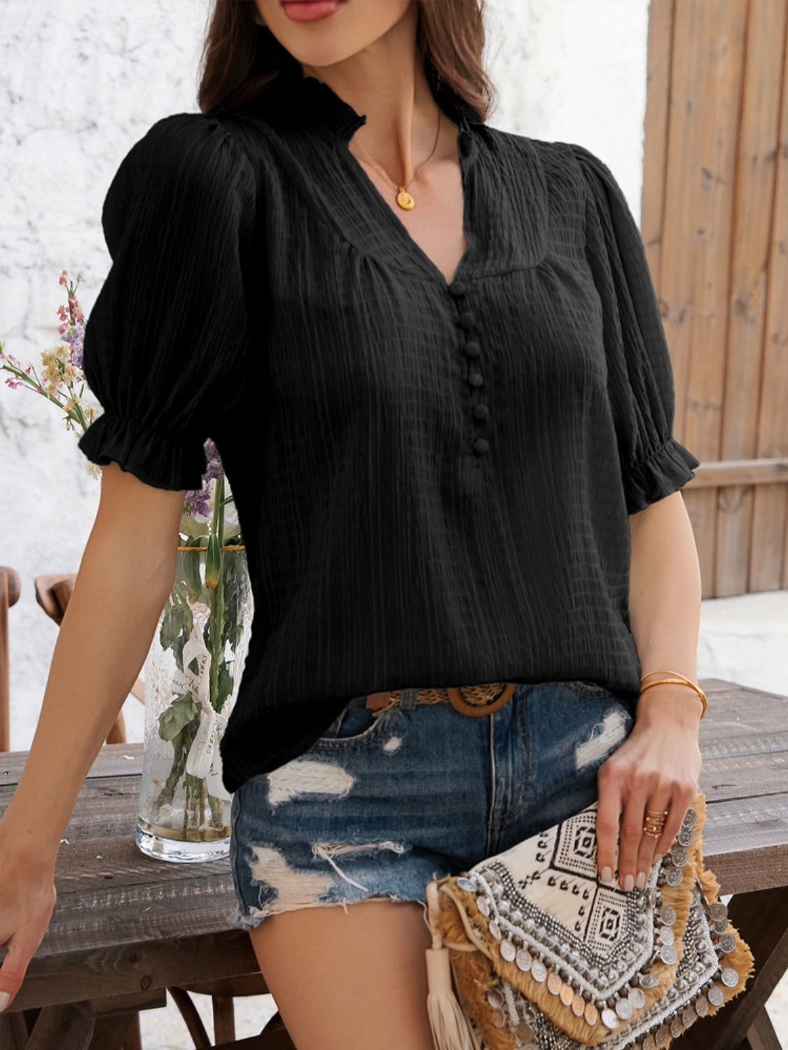 Devine Frill Notched Short Sleeve Blouse - Elegant & Chic