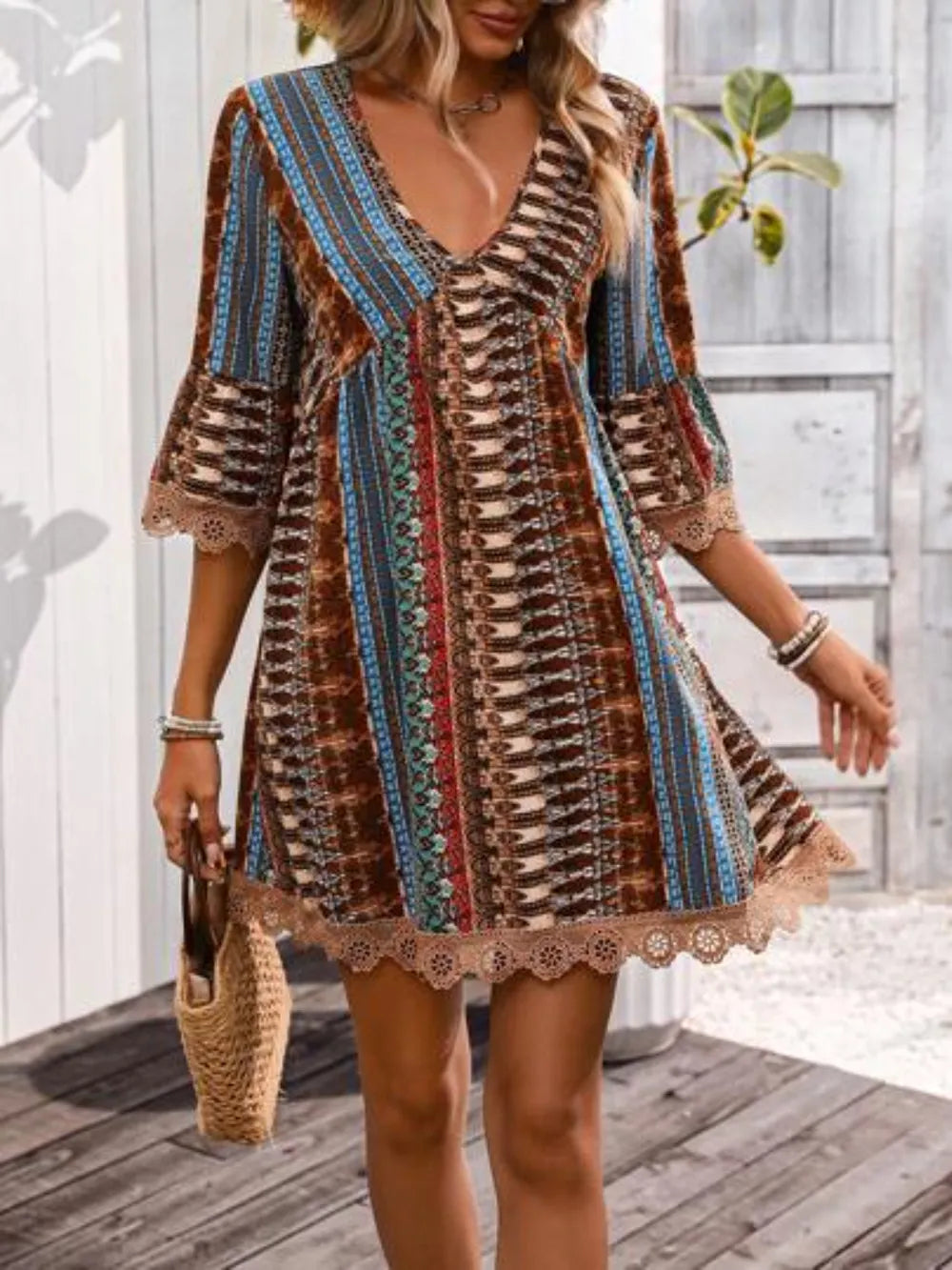 Printed V-Neck Dress with Lace Trim and 3/4 Sleeves