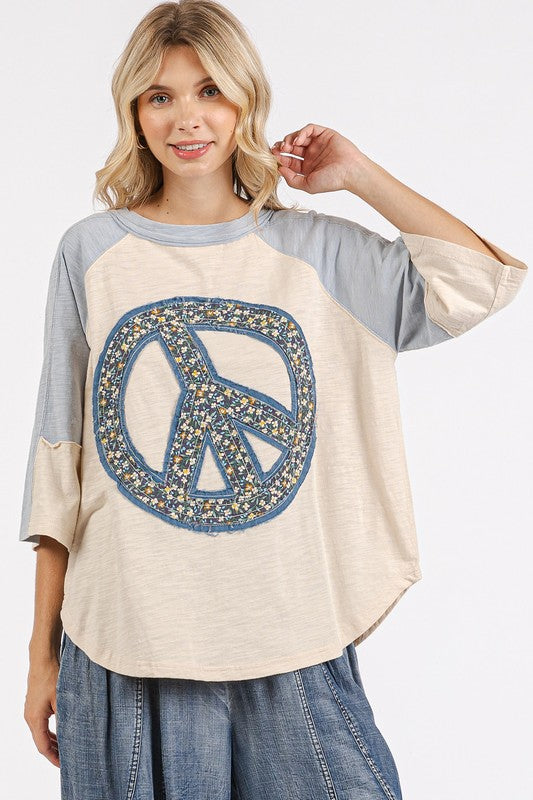 Mittoshop Peace Sign Patch Mineral Washed T-Shirt Blue Natural