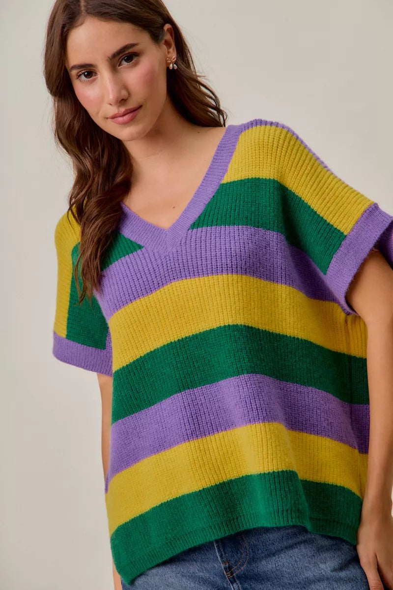 SO ME Mardi Gras Loose-Fit V-Neck Striped Sweater Top
