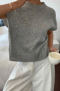Flower Pattern Ribbed Trim Short Sleeve Boxy Sweater Gray
