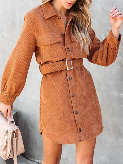 Button Front Belted Corduroy Dress with Pockets Bronze