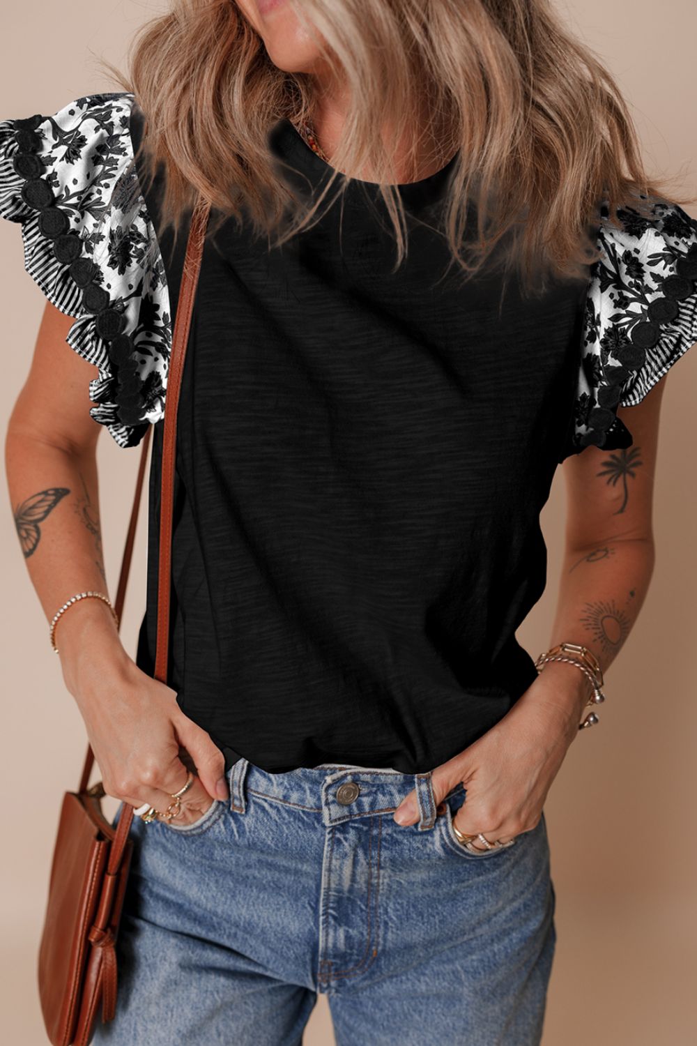 Round Neck Printed Ruffled Cap Sleeve Blouse - Chic & Feminine Black