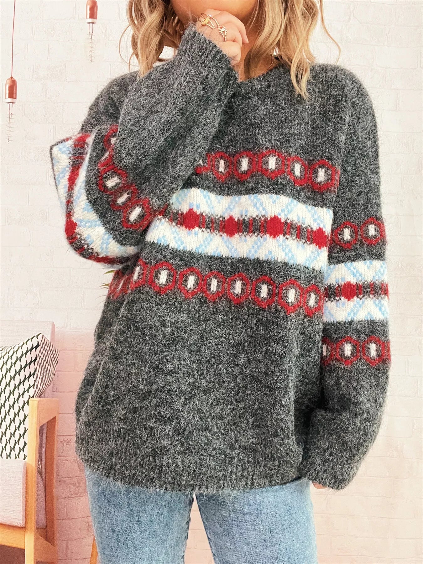 Contrast Color Round Neck Drop Shoulder Sweater