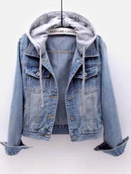 Plus Size Hooded Drawstring Denim Jacket with Button-Up Front
