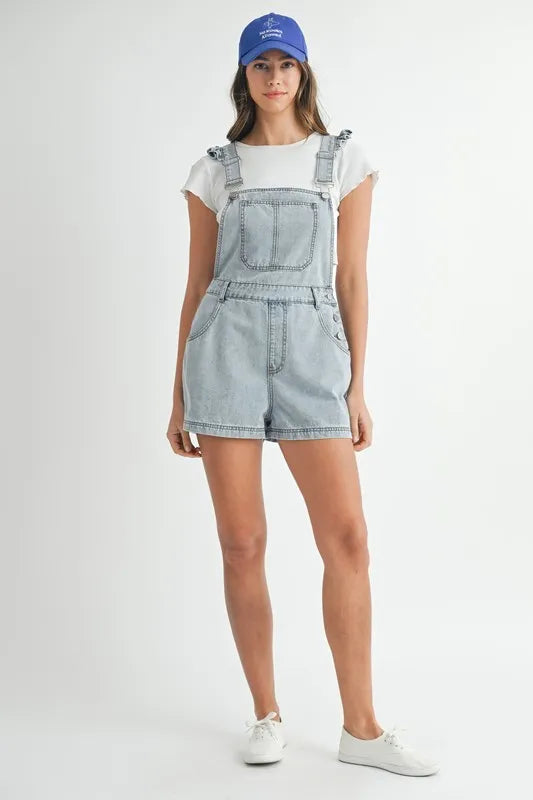 MABLE Ruffle Denim Overall Romper - Square Neck Style