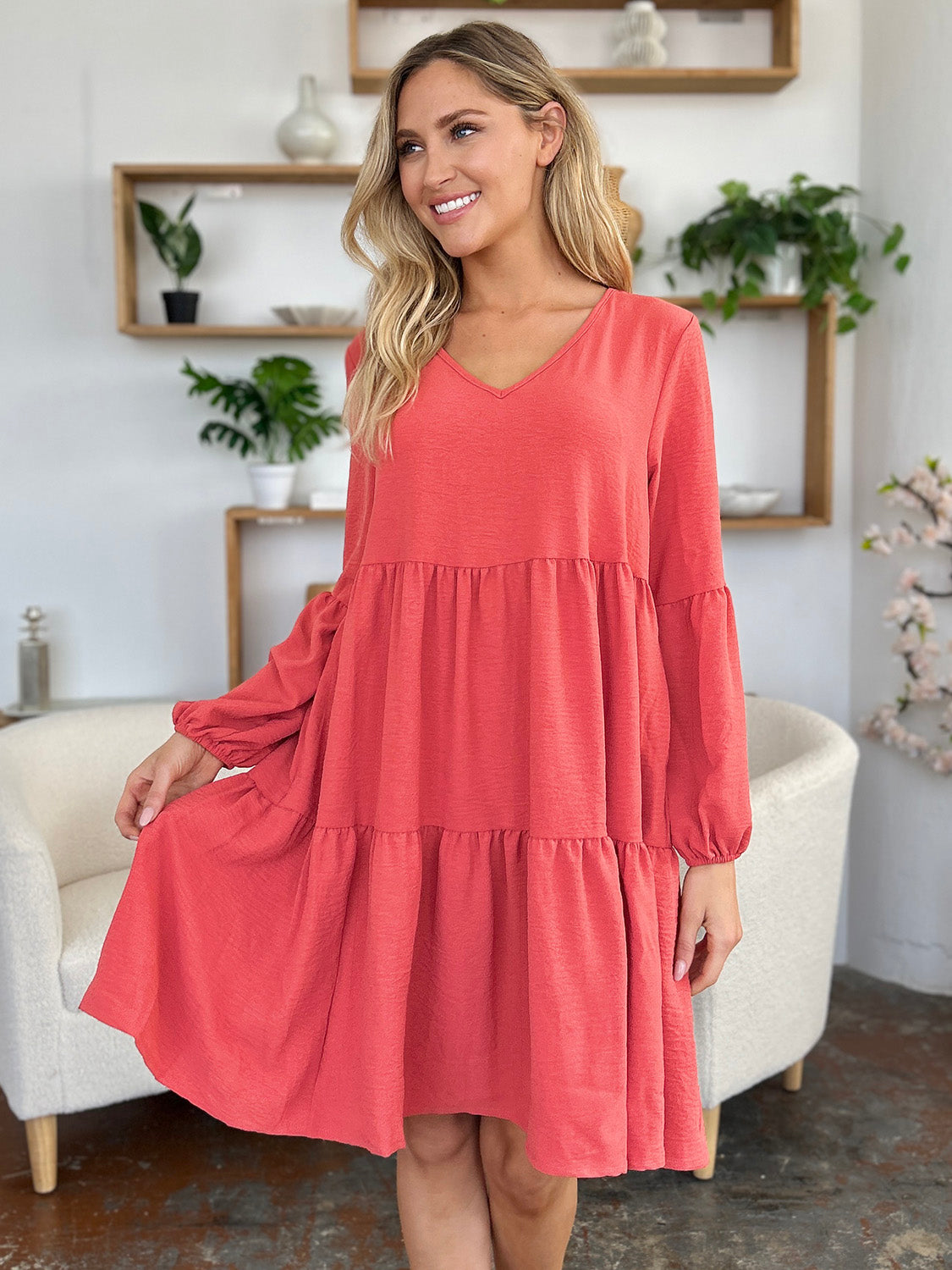 Full Size V-Neck Tiered Balloon Sleeve Dress with Pockets