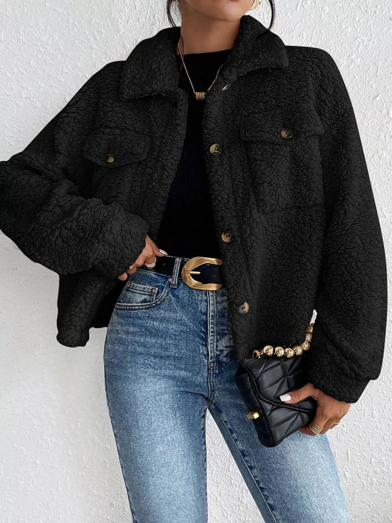 SnugNest Sherpa Button-Up Jacket Black